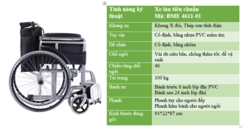 Xe lăn tiêu chuẩn có tay phanh BME 4611