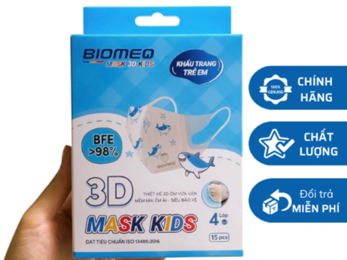 Khẩu trang trẻ em 3D &ndash; BIOMEQ MASK 3D KIDS hộp 15 c&aacute;i an to&agrave;n da b&eacute;